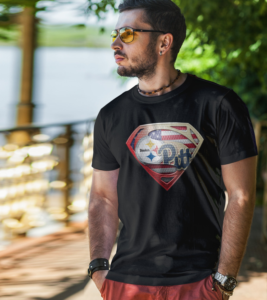 Steelers Pitt Superman Shield American Flag T-Shirt