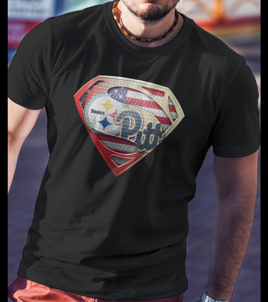 Steelers Pitt Superman Shield American Flag T-Shirt