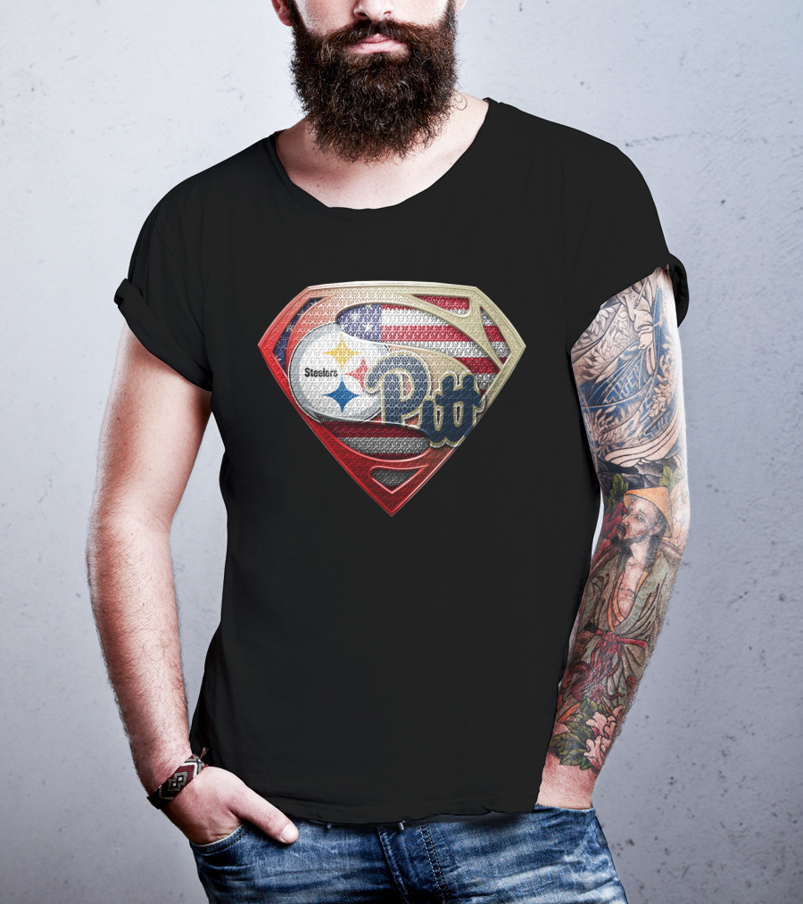 Steelers Pitt Superman Shield American Flag T-Shirt