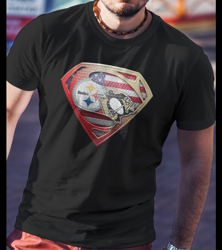 Steelers Penguins American Flag Superman Shield T-Shirt