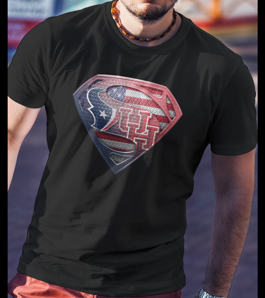 Houston Texans Uh Superhero Shield American Flag T-Shirt