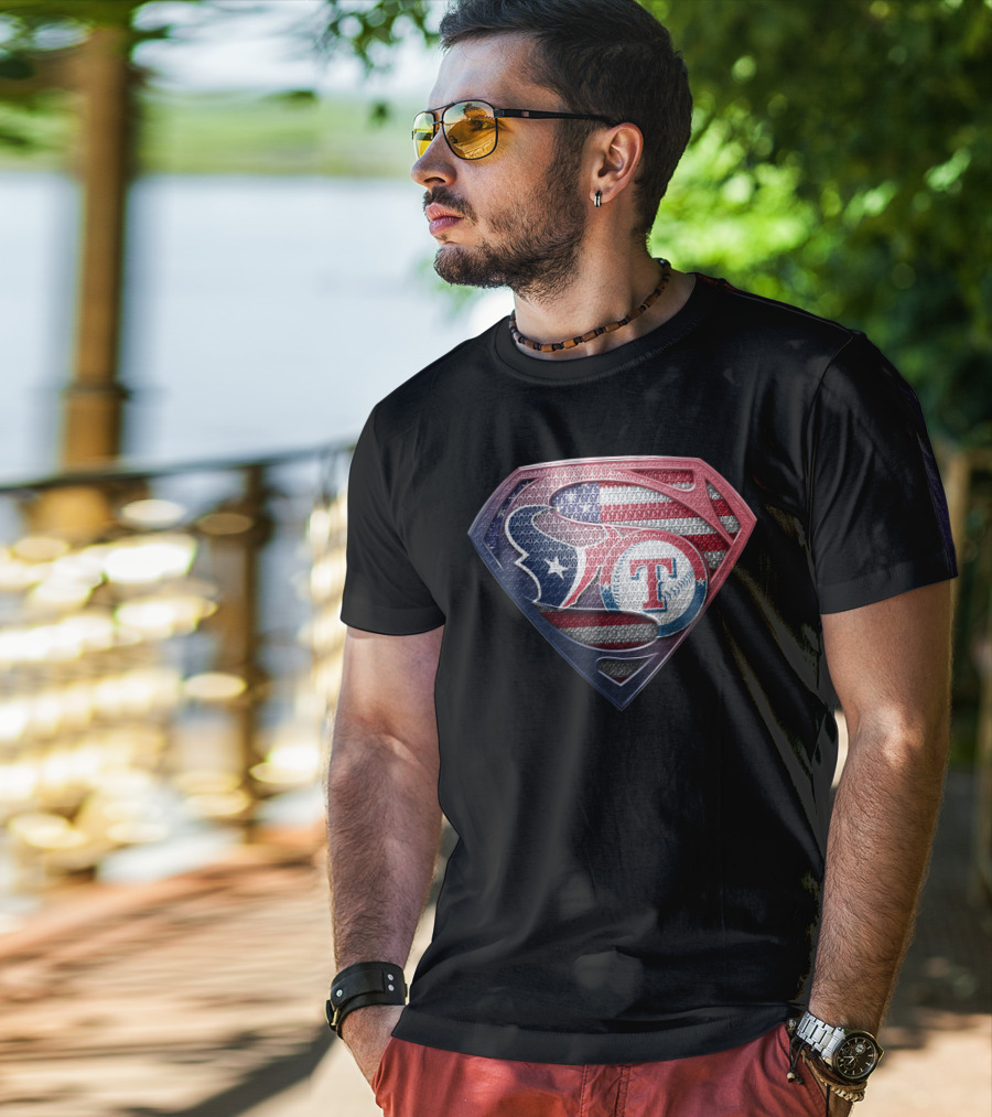 Houston Texans Texas Rangers Superman Logo Usa Flag T-Shirt