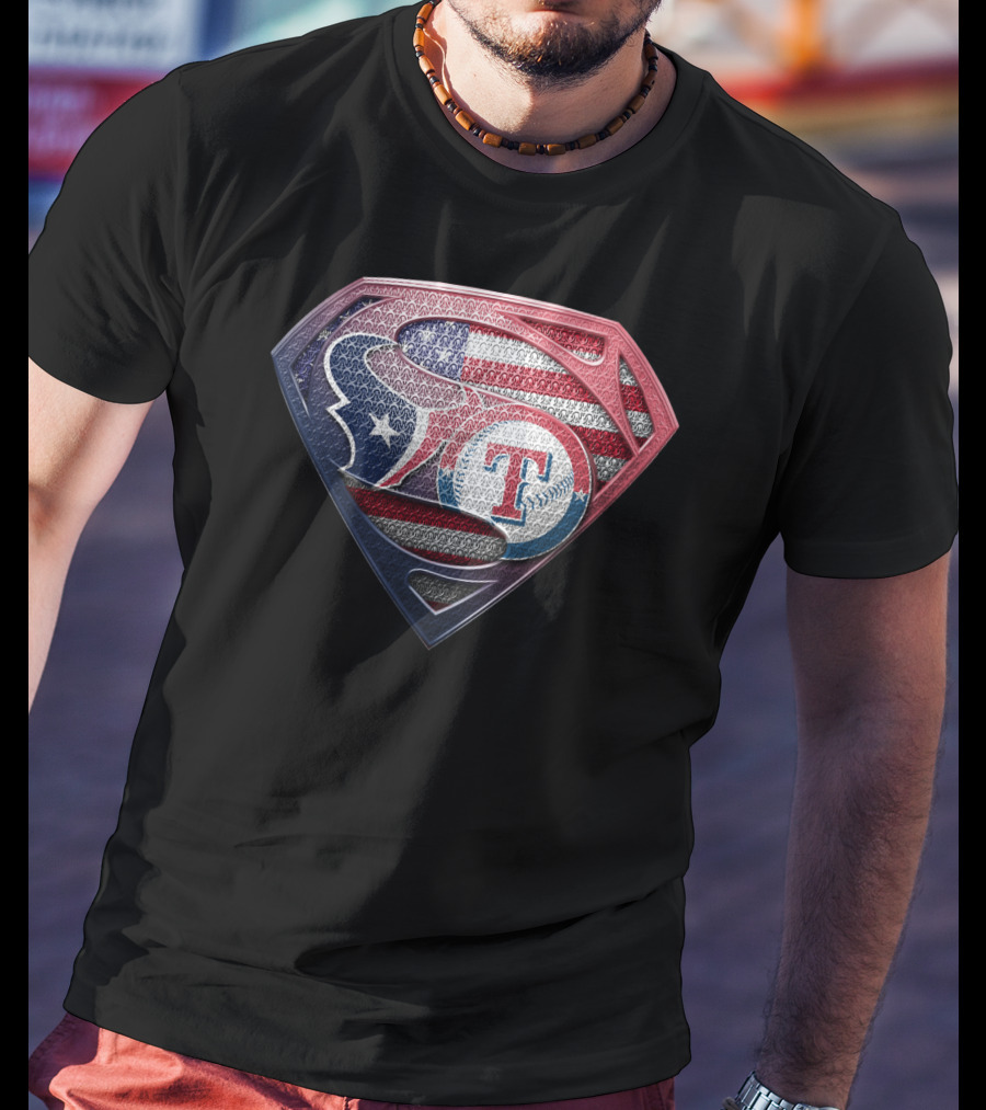 Houston Texans Texas Rangers Superman Logo Usa Flag T-Shirt