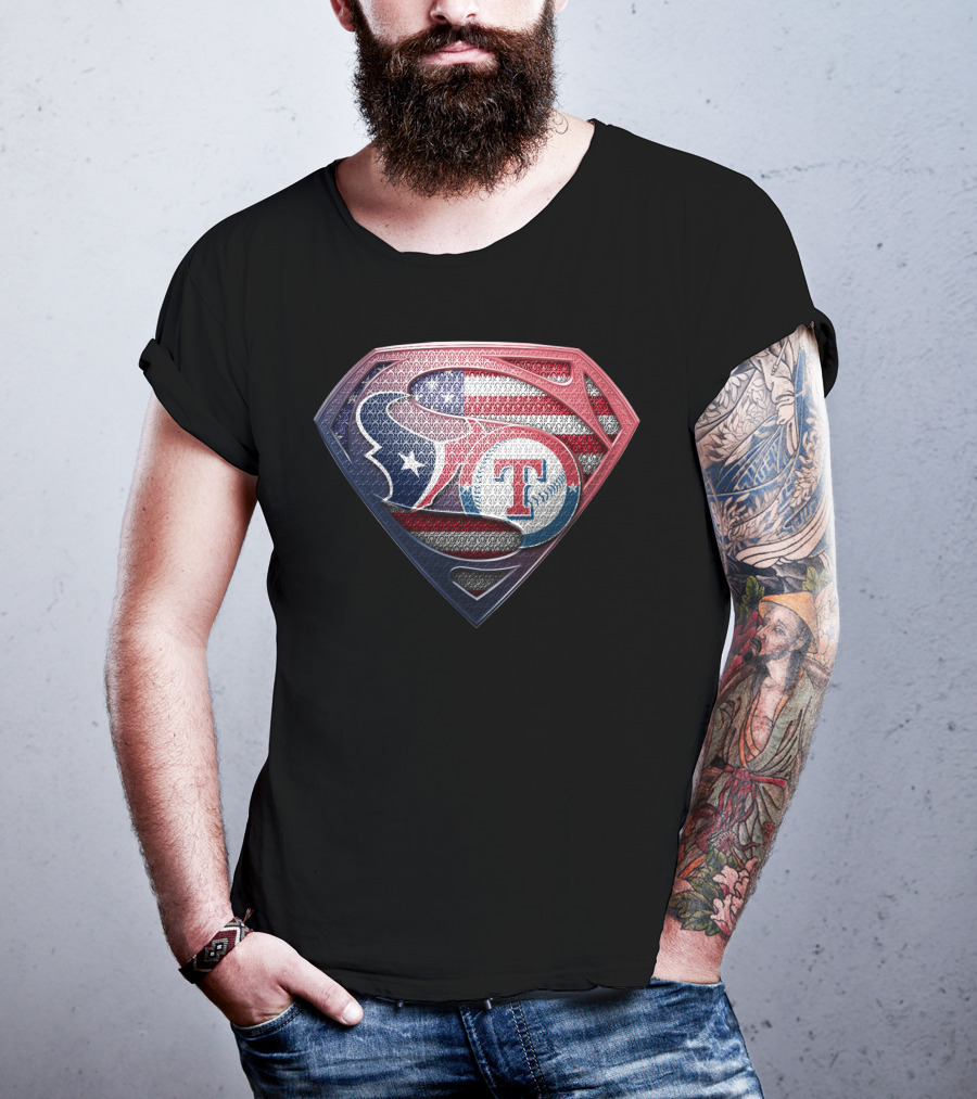 Houston Texans Texas Rangers Superman Logo Usa Flag T-Shirt