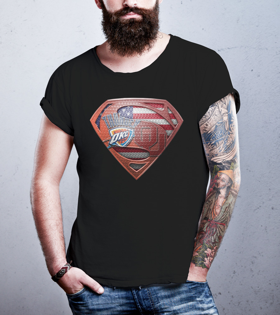 Thunder Okc Superman American Flag Ou Logo Mashup T-Shirt