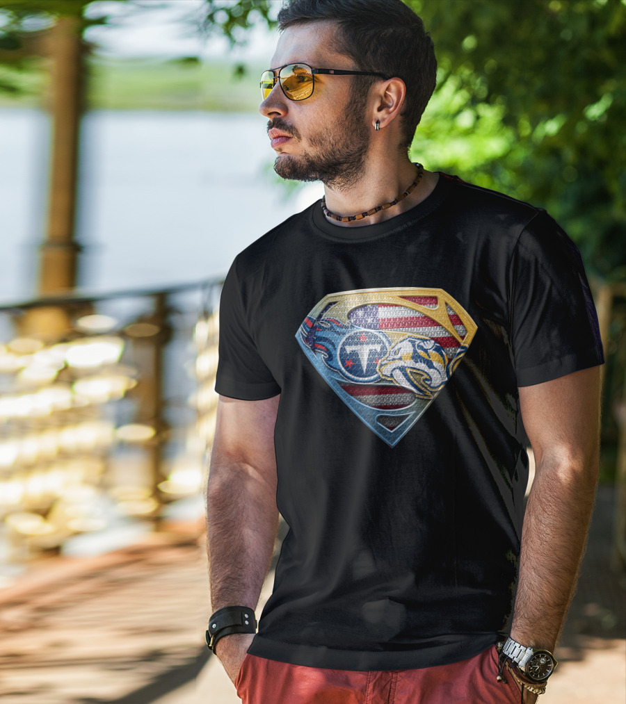 Tennessee Titans Nashville Predators American Flag Superman Shield Sspus130 T-Shirt