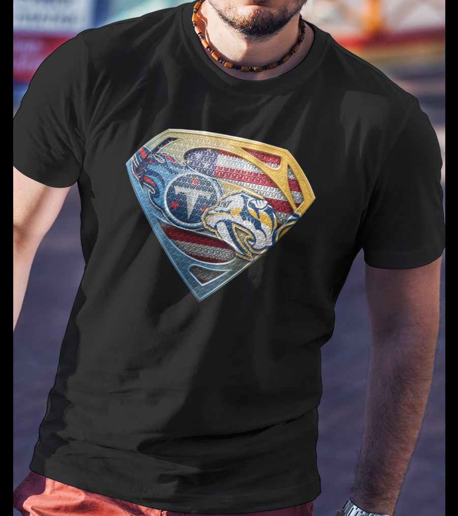 Tennessee Titans Nashville Predators American Flag Superman Shield Sspus130 T-Shirt