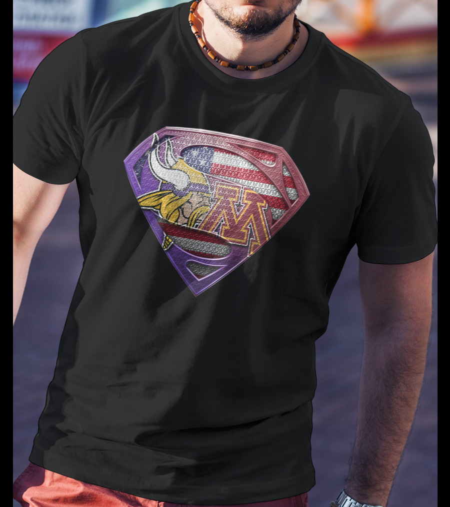 Minnesota Vikings University Of Minnesota American Flag Superman T-Shirt