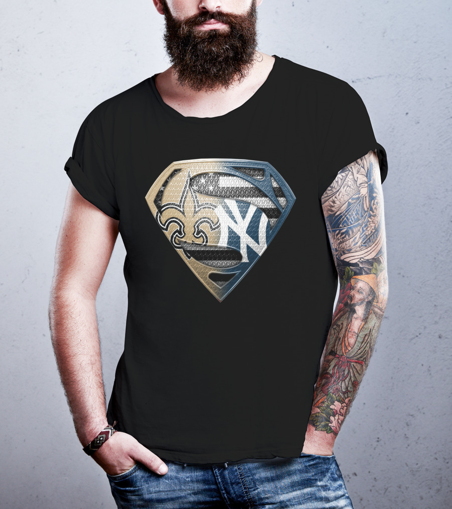 Superman Shield New York Yankees New Orleans Saints Logo Combination T-Shirt