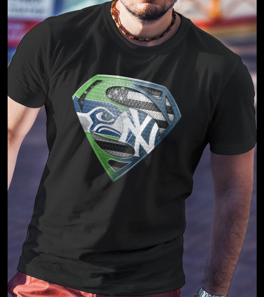 Seattle Seahawks New York Yankees Superman Shield Logo Mashup T-Shirt