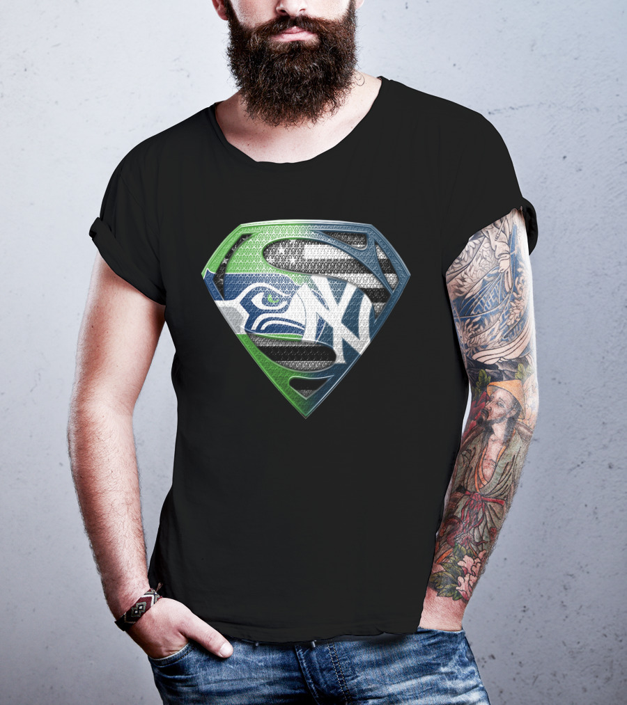 Seattle Seahawks New York Yankees Superman Shield Logo Mashup T-Shirt