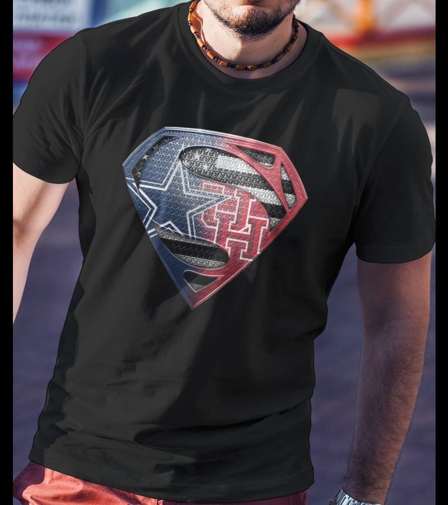 Houston Cougars Superman Shield Logo Usa Flag T-Shirt