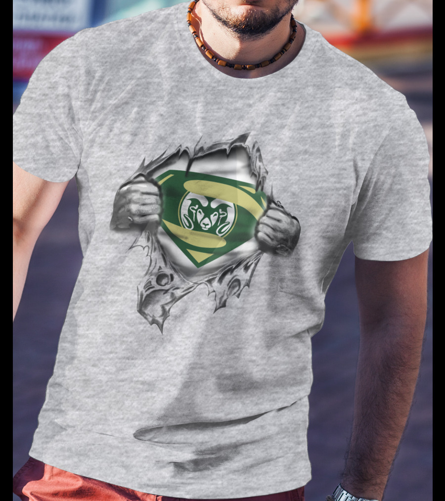 Superman Logo Style With Green And Gold Ram Symbol Torn T-Shirt