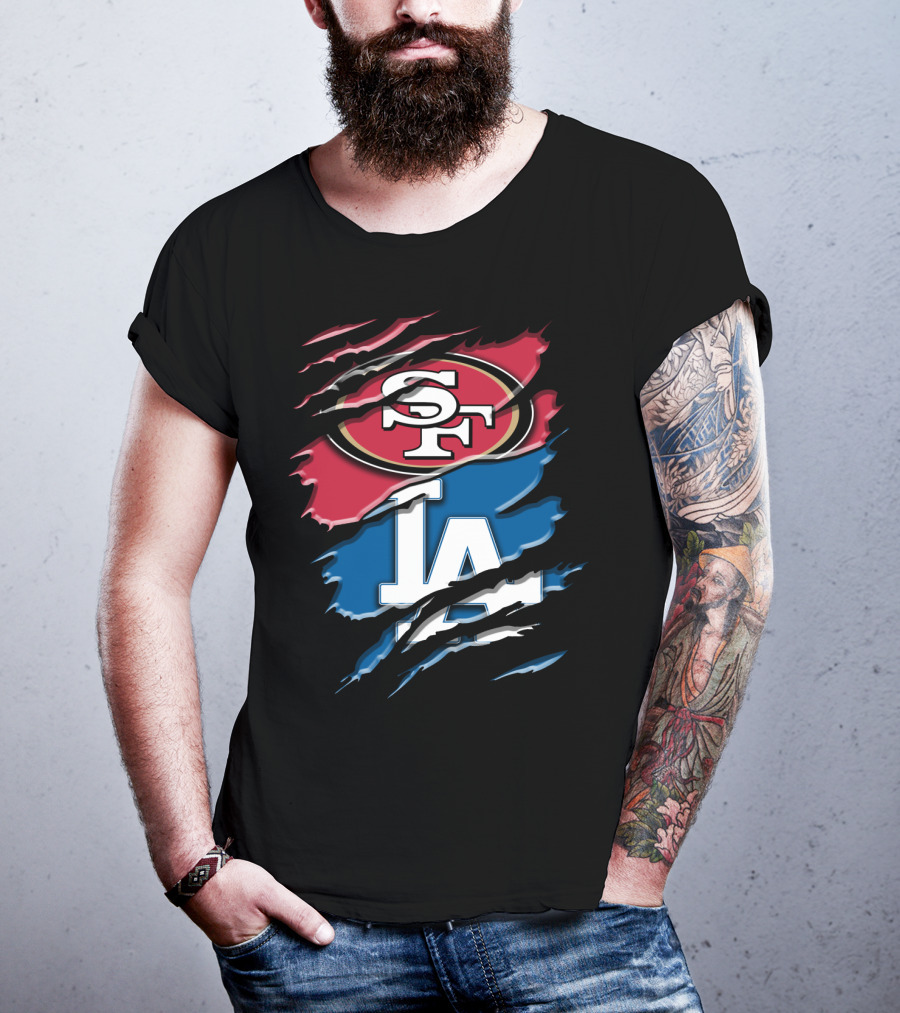 San Francisco 49ers And Los Angeles Dodgers Logo Fusion Rac T-Shirt
