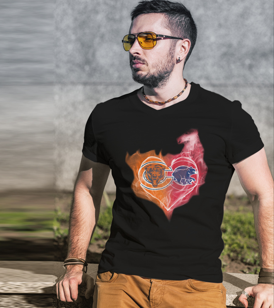 Chicago Bears Heart Flame Dual Logo T-Shirt