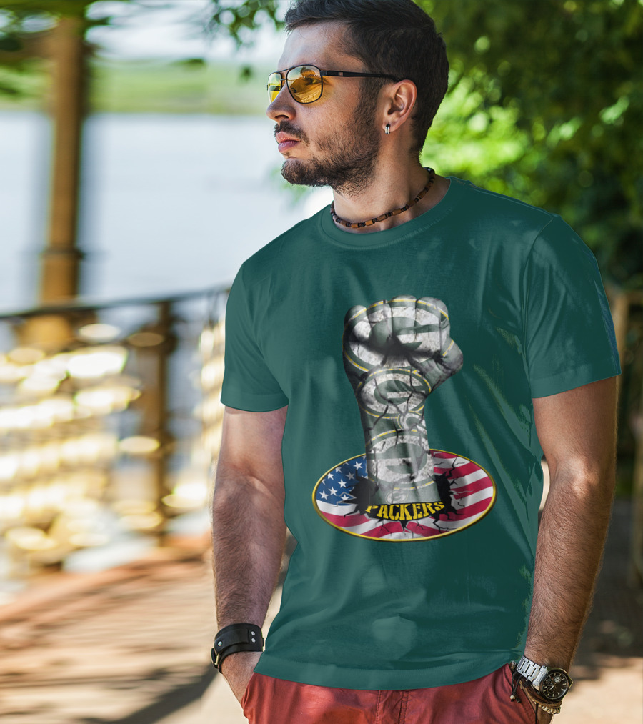 Fist With Green Bay Packers Logo On Cracked American Flag T-Shirt