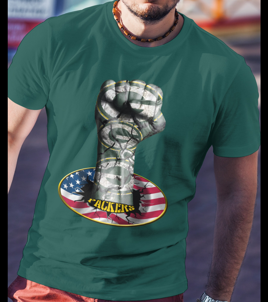 Fist With Green Bay Packers Logo On Cracked American Flag T-Shirt