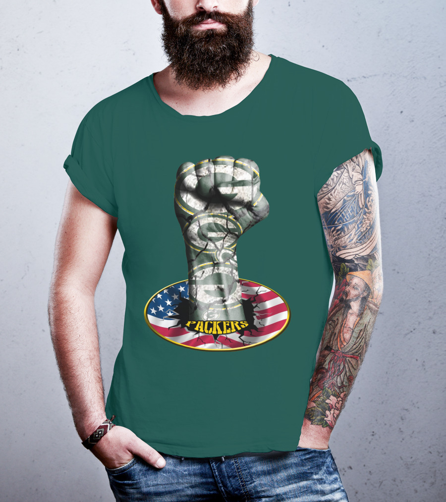 Fist With Green Bay Packers Logo On Cracked American Flag T-Shirt