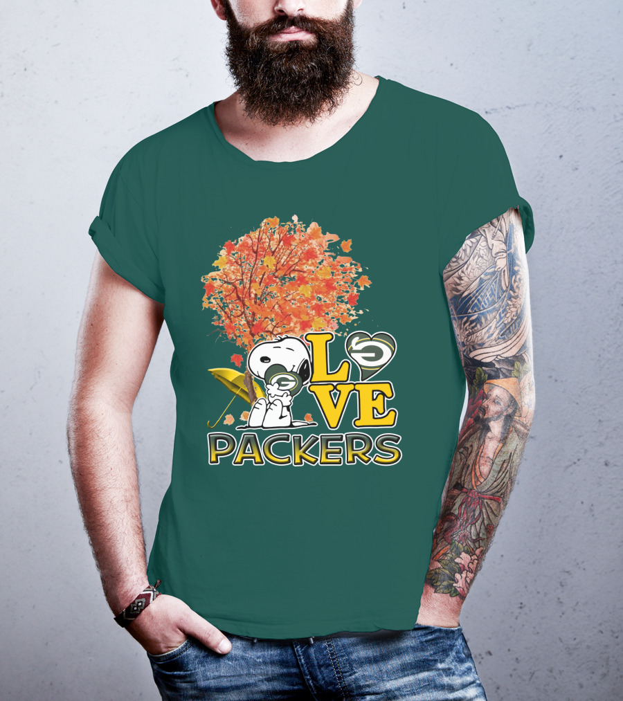 Love Packers Snoopy Green Bay Packers Autumn Tree T-Shirt