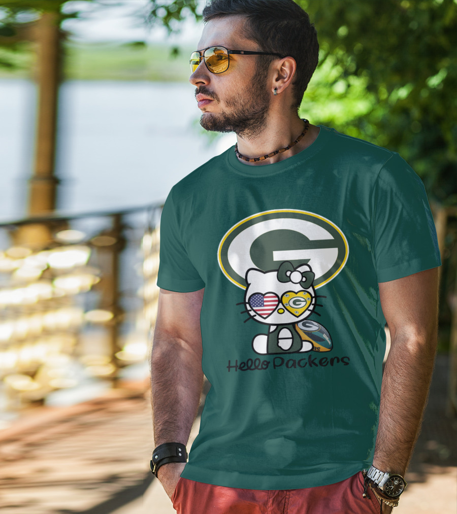 Hello Packers Green Bay Packers Football Fan Art Featuring Kitty With American Flag Heart T-Shirt