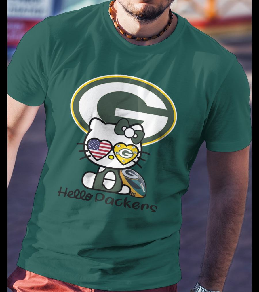 Hello Packers Green Bay Packers Football Fan Art Featuring Kitty With American Flag Heart T-Shirt