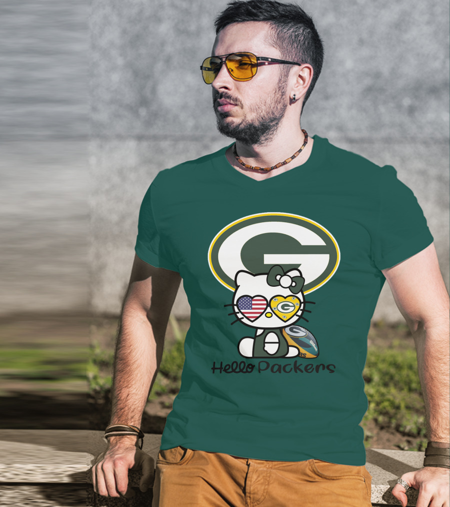 Hello Packers Green Bay Packers Football Fan Art Featuring Kitty With American Flag Heart T-Shirt
