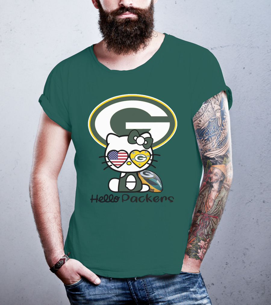 Hello Packers Green Bay Packers Football Fan Art Featuring Kitty With American Flag Heart T-Shirt