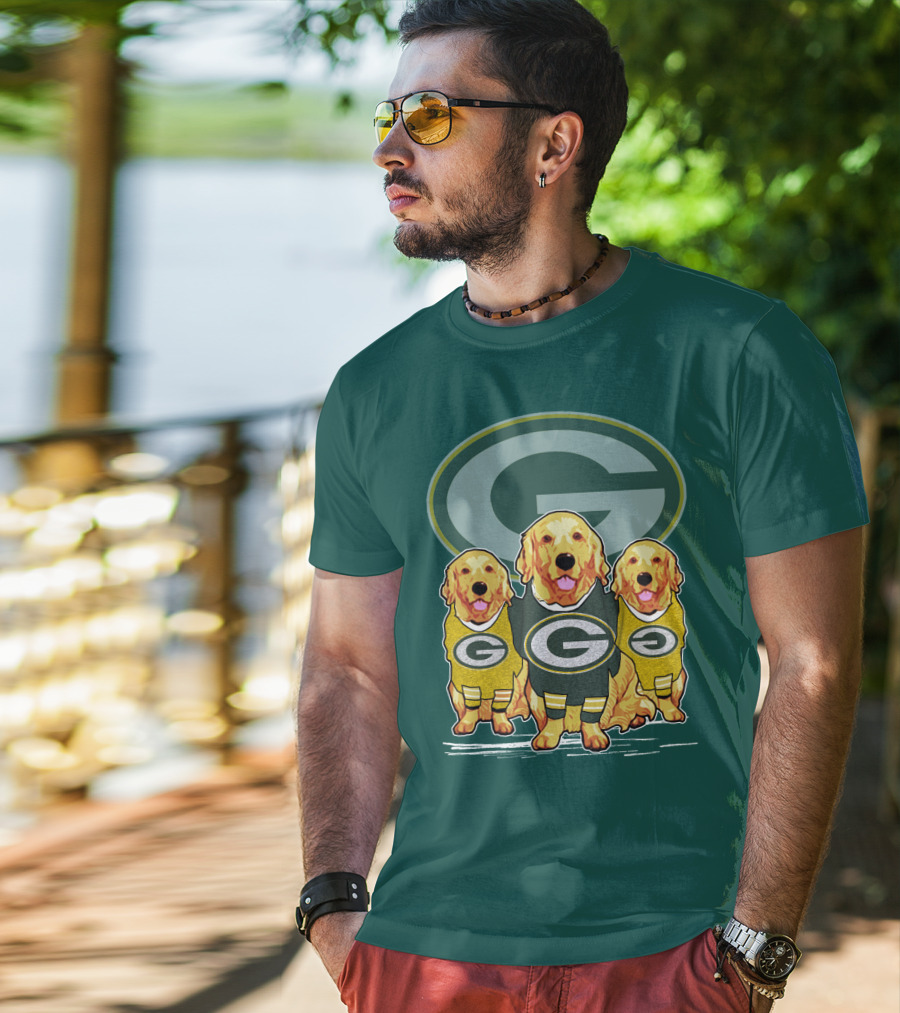 Green Bay Packers Golden Retrievers Sporting Green And Gold Attire T-Shirt