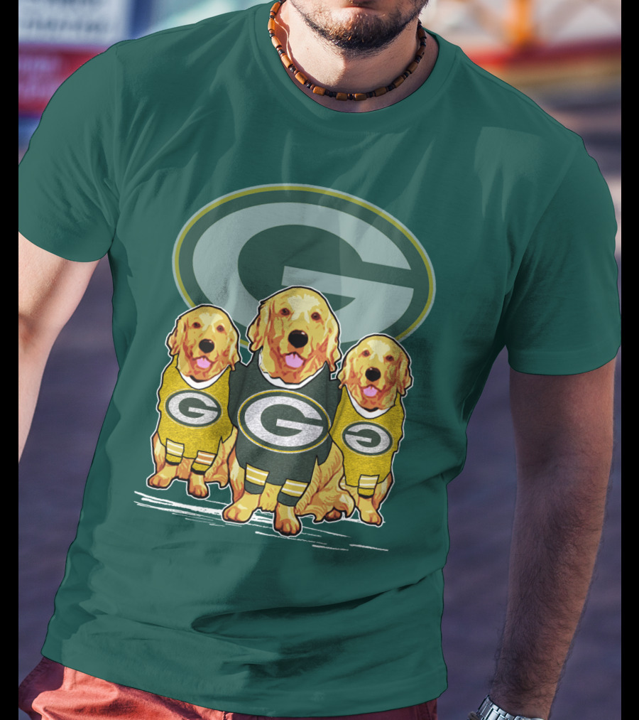 Green Bay Packers Golden Retrievers Sporting Green And Gold Attire T-Shirt