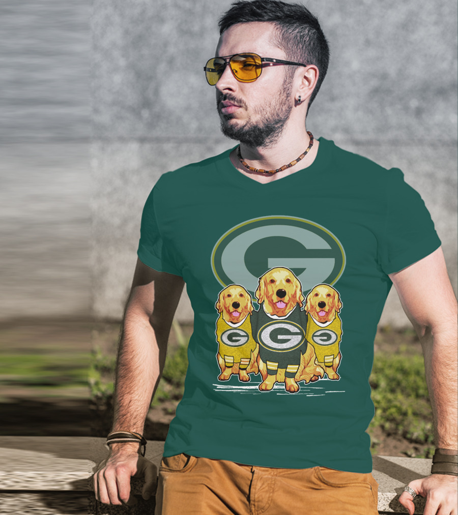 Green Bay Packers Golden Retrievers Sporting Green And Gold Attire T-Shirt