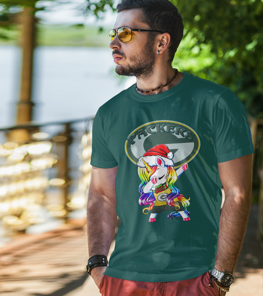 Packers Unicorn Dabbing Santa Hat Green Gold T-Shirt