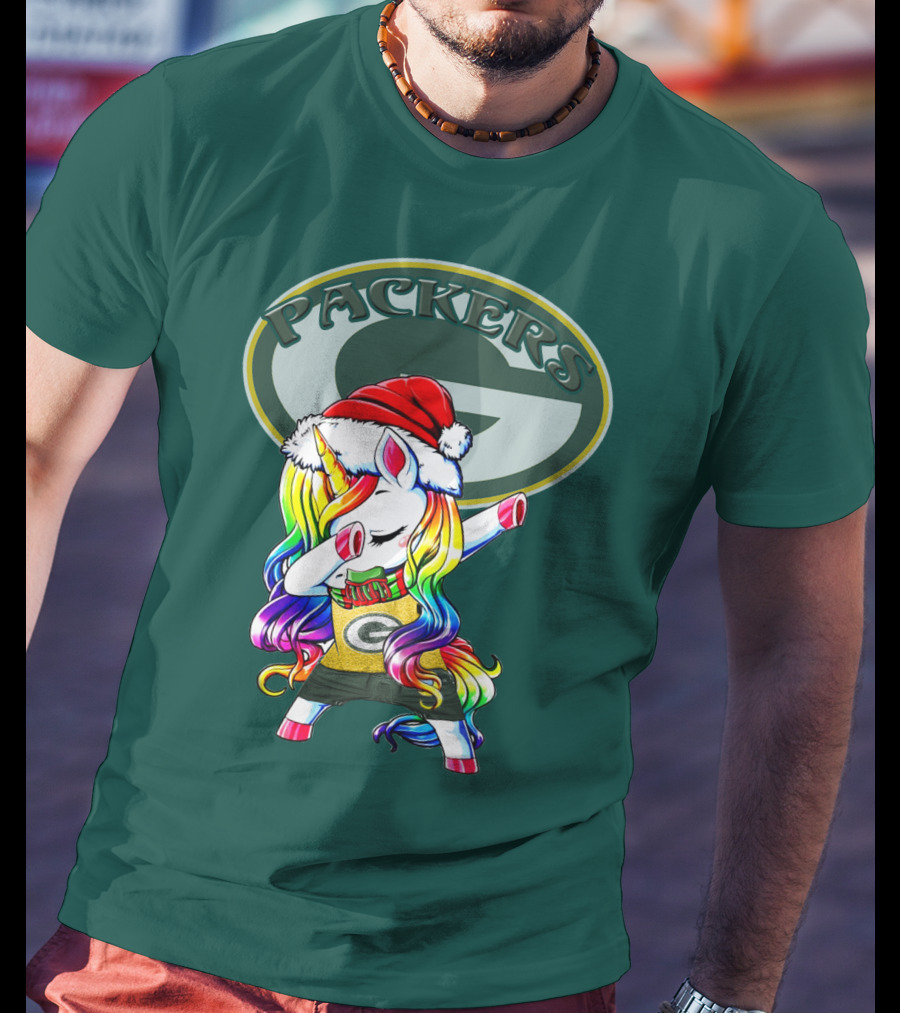 Packers Unicorn Dabbing Santa Hat Green Gold T-Shirt