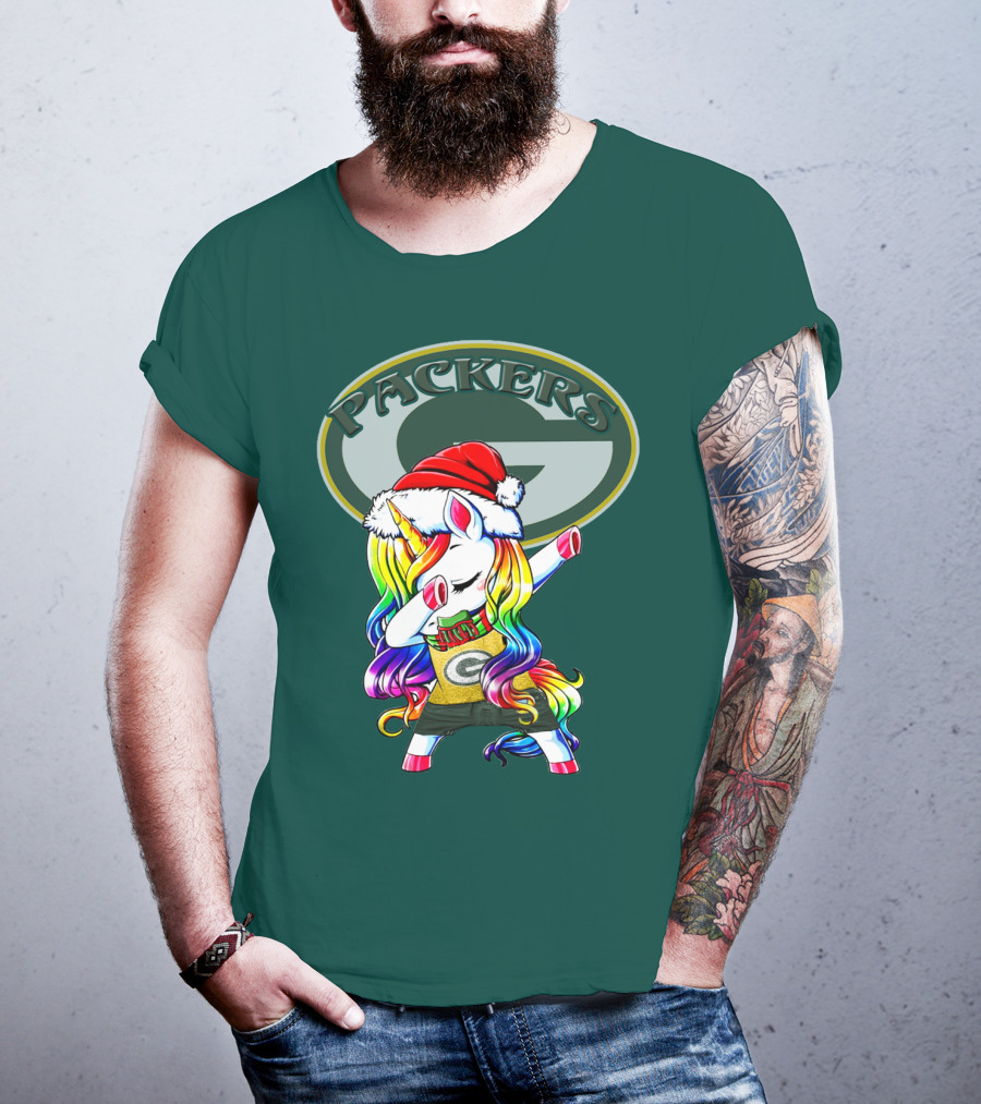 Packers Unicorn Dabbing Santa Hat Green Gold T-Shirt