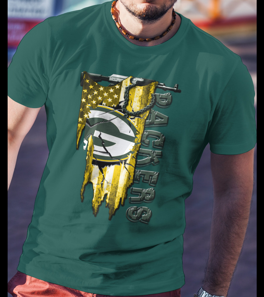 Green Bay Packers American Flag Cracked T-Shirt