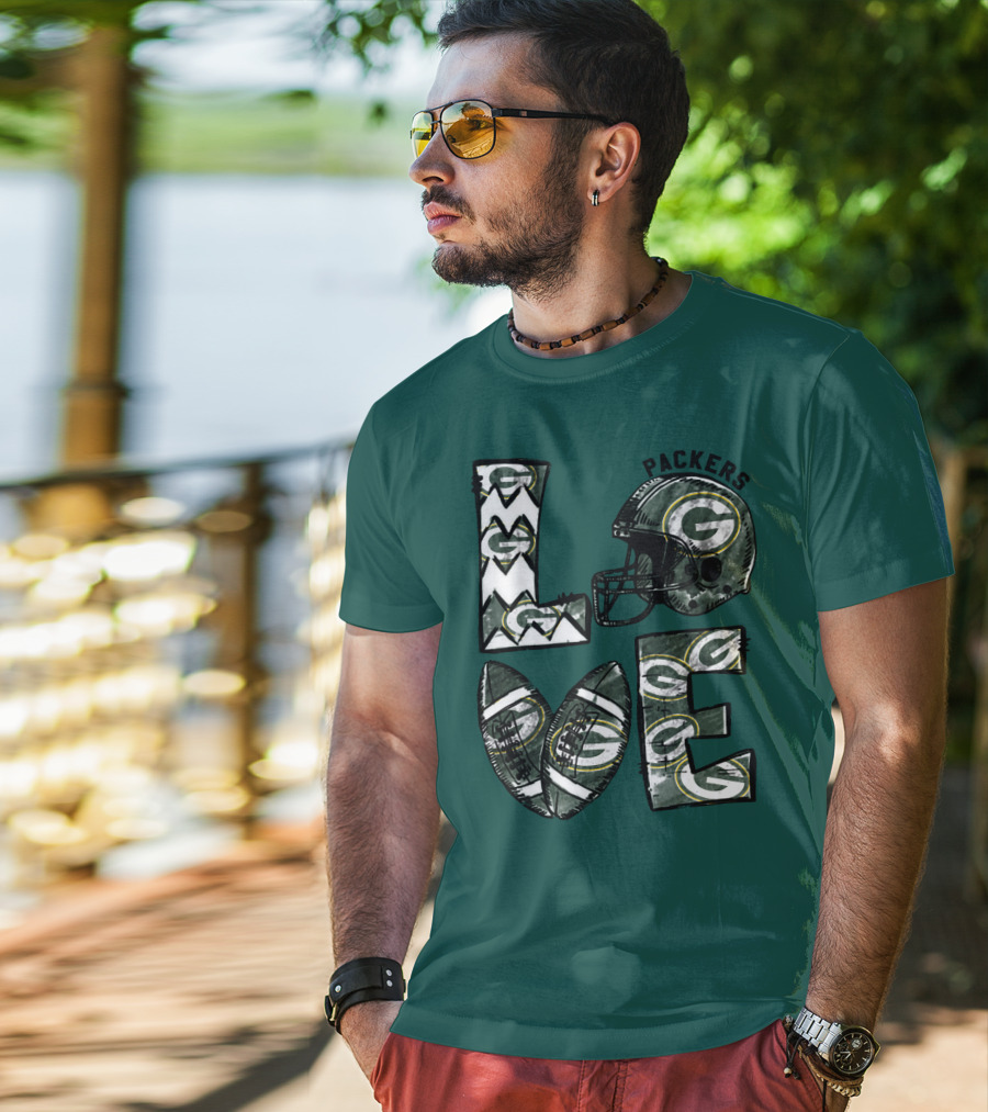 Packers Love Football Helmet And Ball Green Bay Packers T-Shirt
