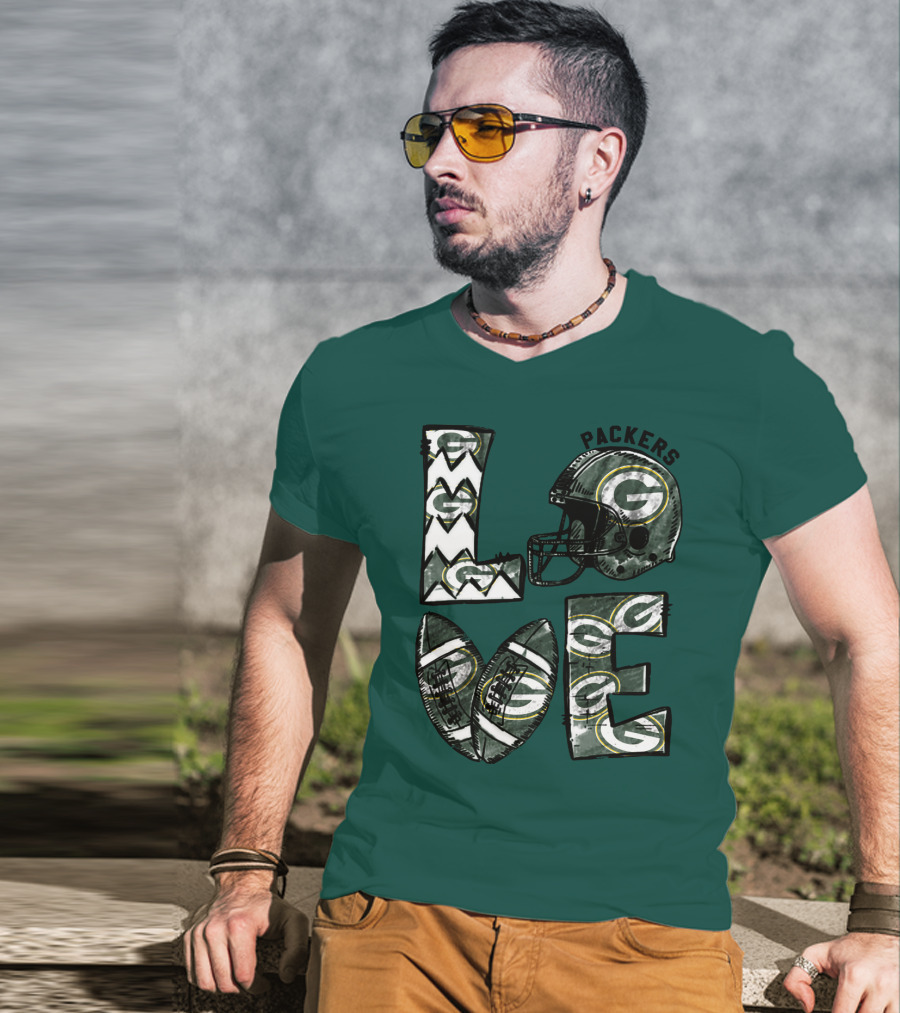 Packers Love Football Helmet And Ball Green Bay Packers T-Shirt