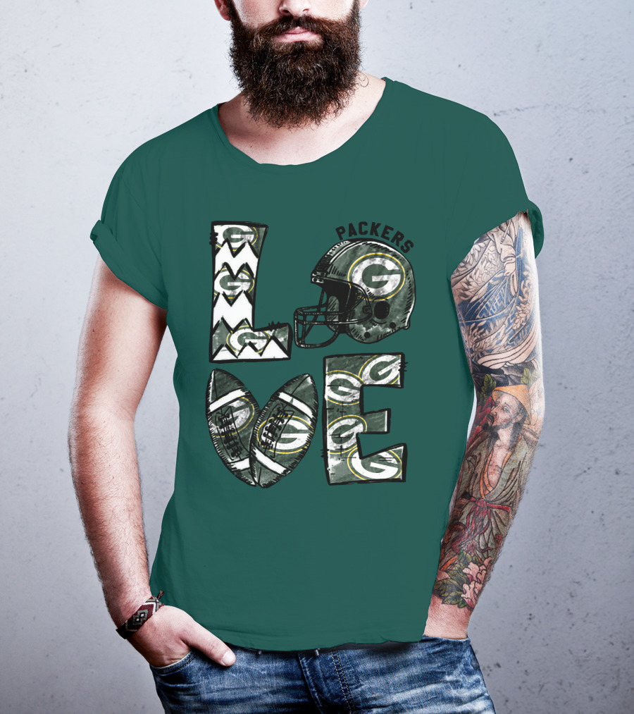 Packers Love Football Helmet And Ball Green Bay Packers T-Shirt