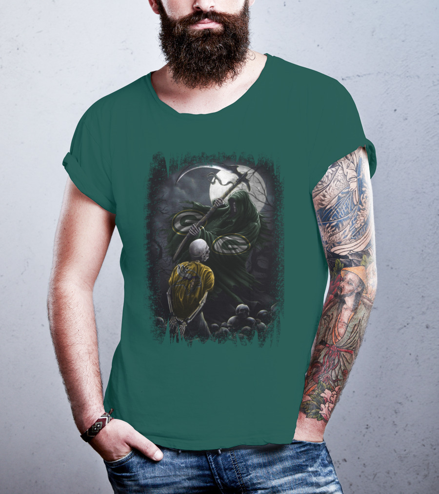 Green Bay Packers Grim Reaper Scene With Skeleton Under Moonlight T-Shirt