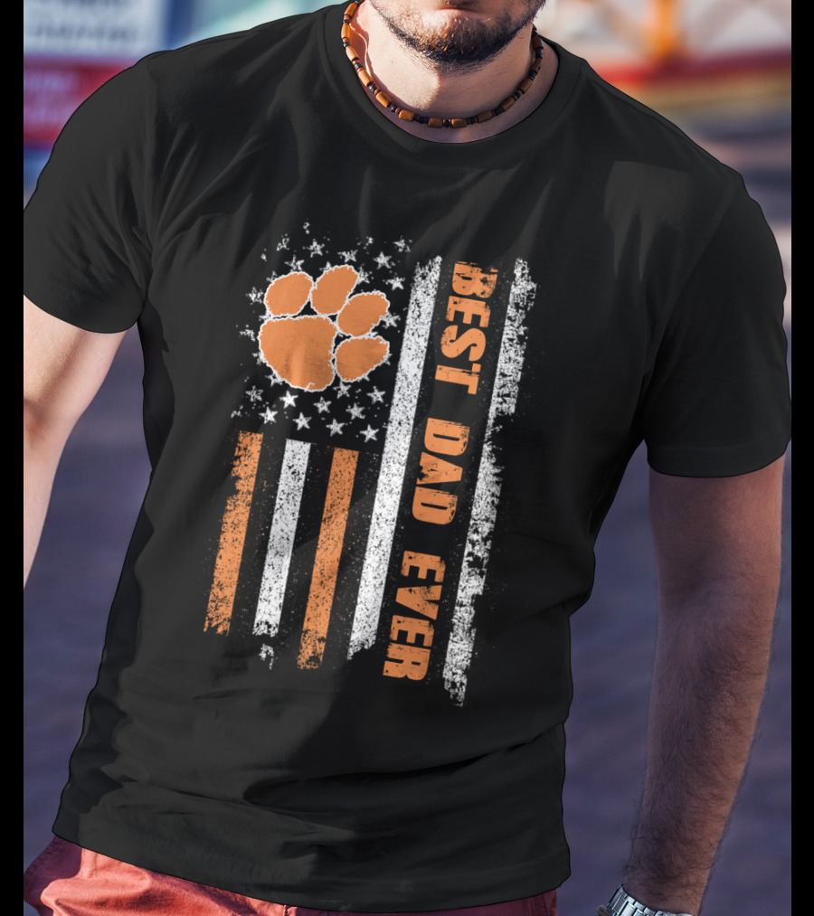 Best Dad Ever American Flag Paw Orange Stripes T-Shirt