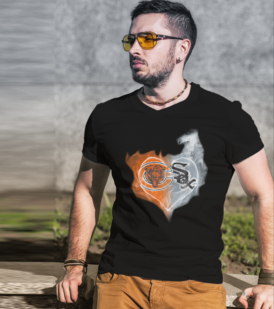 Chicago Bears And White Sox Logos United In Heart-Shaped Smoke T-Shirt