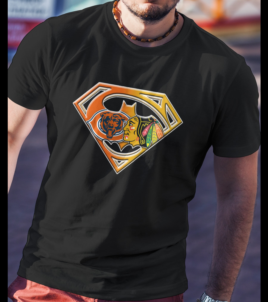 Chicago Bears And Blackhawks Super Logo Fusion Bat 006 T-Shirt