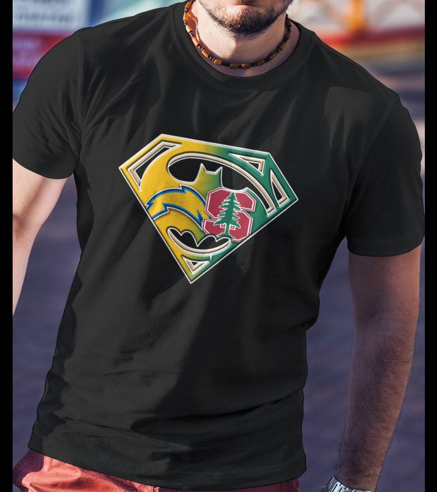 Los Angeles Chargers And Stanford Cardinal Bat Superman Logo Fusion T-Shirt