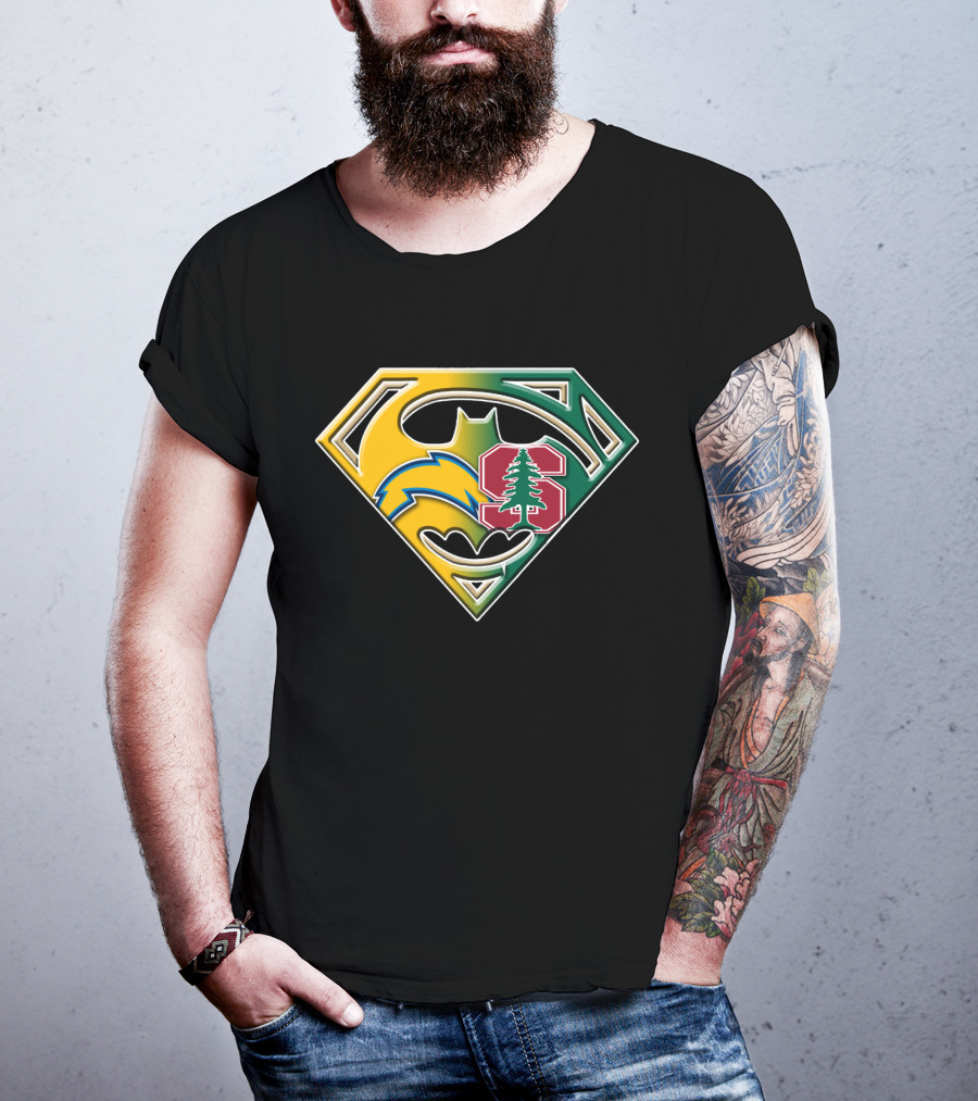 Los Angeles Chargers And Stanford Cardinal Bat Superman Logo Fusion T-Shirt