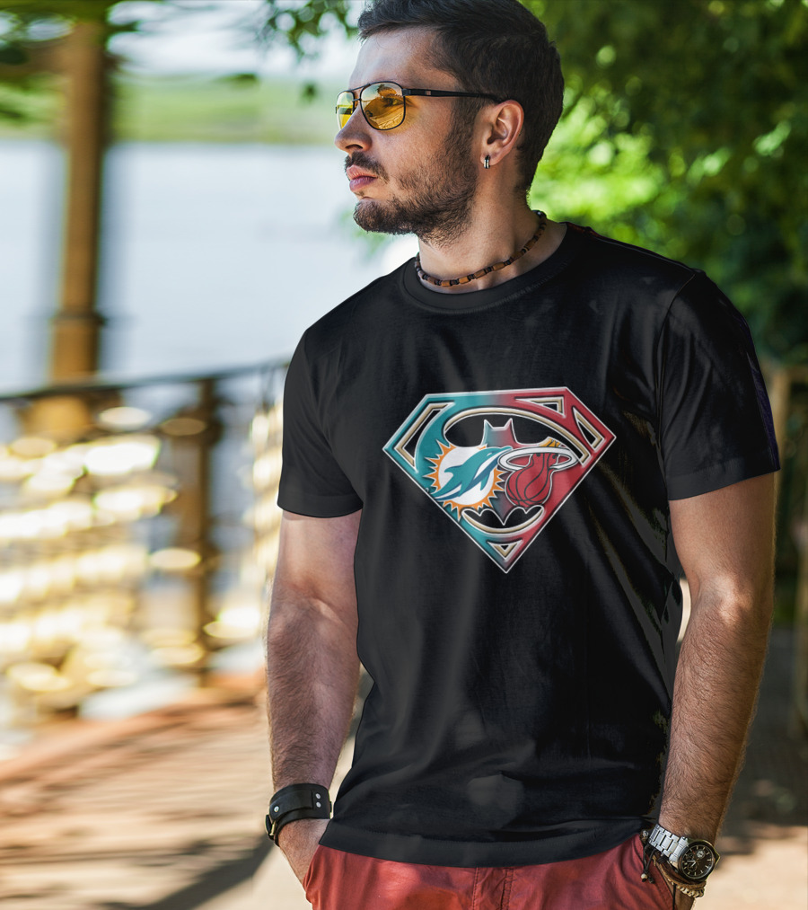 Miami Dolphins Batman Superman Miami Heat Logo Mashup T-Shirt