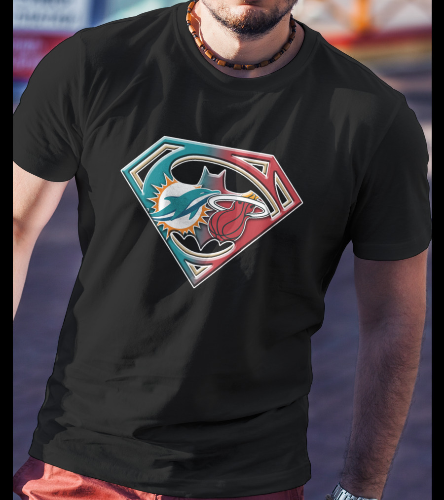 Miami Dolphins Batman Superman Miami Heat Logo Mashup T-Shirt