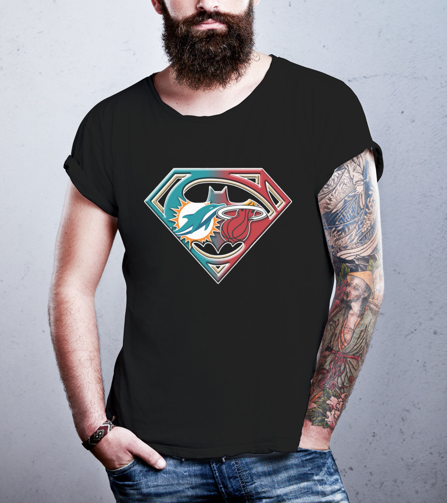 Miami Dolphins Batman Superman Miami Heat Logo Mashup T-Shirt