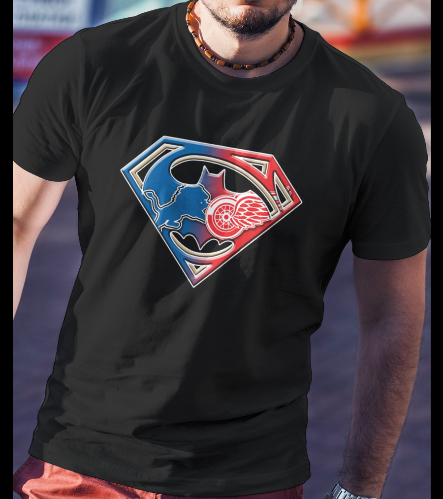 Detroit Sports Superman Batman Red Wings Lions T-Shirt