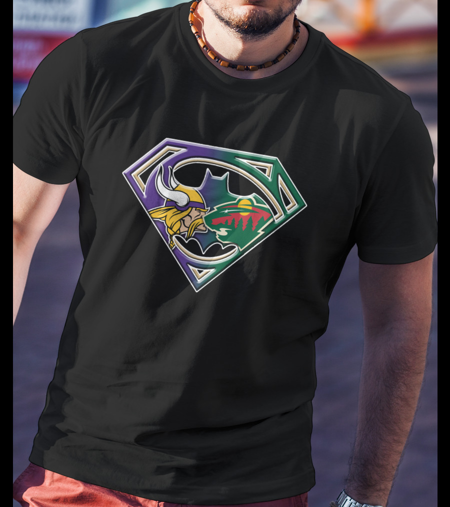 Batman Superman Minnesota Vikings And Wild Logo Fusion T-Shirt