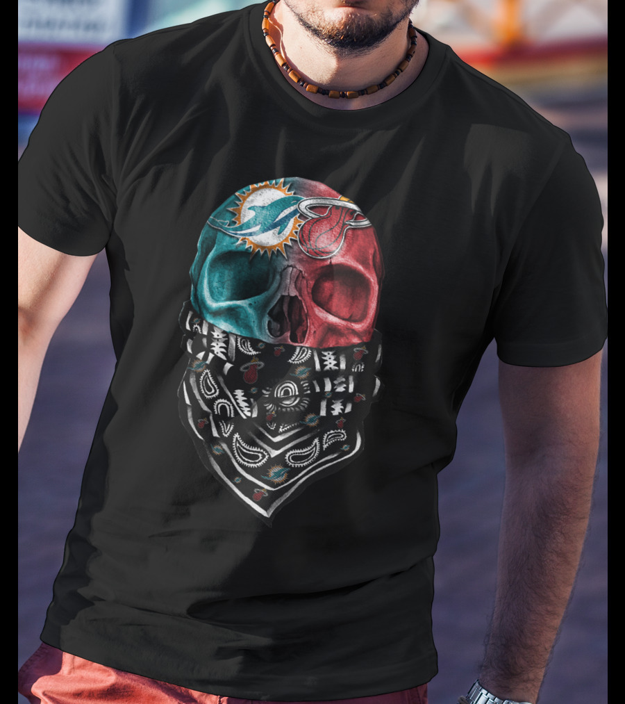 Miami Dolphins And Heat Skull Bandana Combination T-Shirt