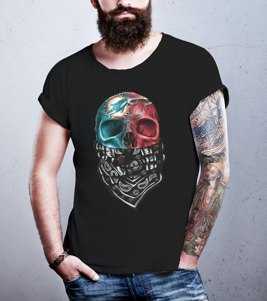 Miami Dolphins And Heat Skull Bandana Combination T-Shirt
